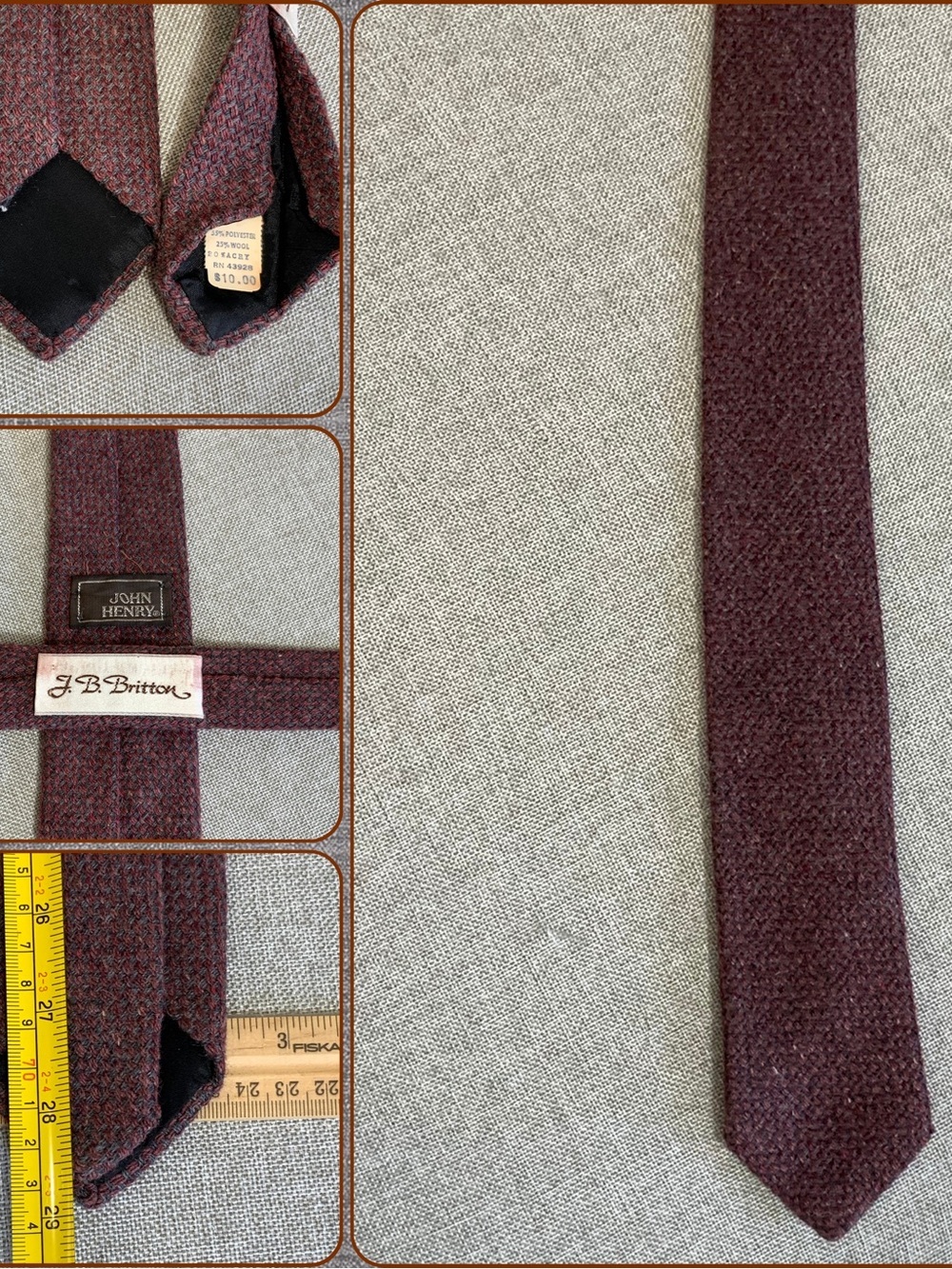 John Henry Burgundy Wool Blend Skinny Tie